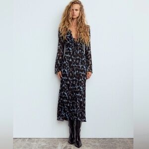 Zara Black and Blue Leopard-Print Maxi Dress